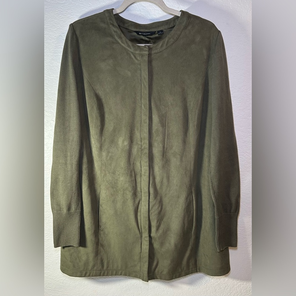 H by Halston Long Jacket Tunic Zippered Faux Suede Fully Lined Olive Coat Sz 14